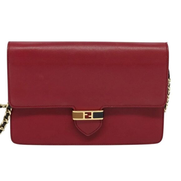 FENDI Chain Shoulder Bag Leather Red Gold Auth 125939 - Picture 2 of 16